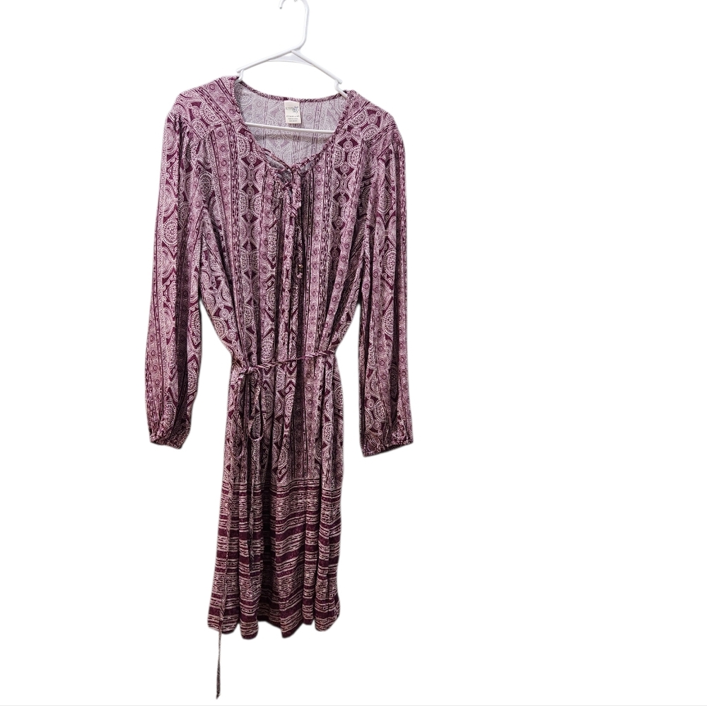 Terra & Sky Purple White Long Sleeve Boho Printed Tie-Waist Dress Plus Size 2X